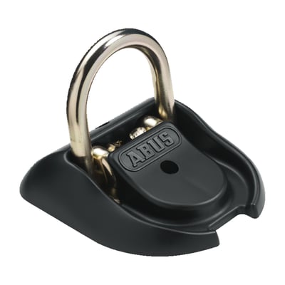 16mm thick shackle. Security level 20. Very robust. Mounts on floor or wall, inside or outside. Weatherproof design. Flat shape enables driving over it without problems. Includes mounting hardware. Weight 2kg. Dimensions: 160mm x 165mm.