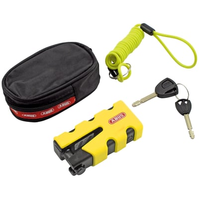 With a 13 mm locking bolt made from hardened special steel. Security level 17. Extremely high protection against theft. Small, easy to handle, compact and secure. Easy handling thanks to the sliding mechanism. Open the lock, let the slide slip out with the locking bolt, guide the bolt through the brake disc from the inside, push the lock body towards the bolt and lock with the key. XPlus cyclinder for highest level of protection against tampering, e.g. picking. Non-slip, protective rubber coating. Includes a Memory Cable – to remind you about the lock before setting off and 2 keys are supplied with the lock. Brake disc lock inner clearance length 45mm. Weight 780 grams.

Note: Lock holder 524085 is separately available.