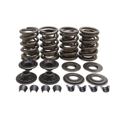 High lift high pressure spring kit. Reduces total valve train mass. Great for high performance & racing performance builds. The dual springs are manufactured from the highest quality clean chrome silicone wire, shot peened and heat treated for maximum fatigue life. Kit includes dual springs with internal damper to give a wider range of harmonic reduction, upper collars, lower collars, valve keys and seals. Max valve lift: .655". Installed height: 1.810". Seat pressure 185 lbs. Open pressure: 450 lbs. @ .655" valve lift.