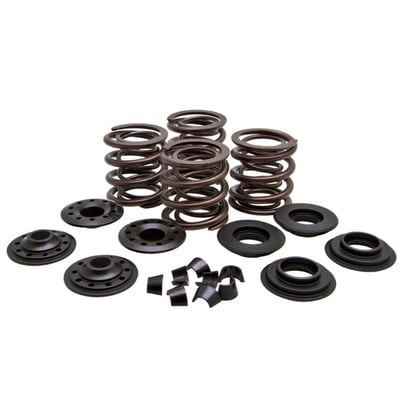 Reduces total valve train mass. Great for high lift racing performance builds. The springs are manufactured from the highest quality clean chrome silicone wire, shot peened and heat treated for maximum fatigue life. Kit includes springs, upper collars, lower collars, and valve keys. Max valve lift: .600". Installed height: 1.510". Seat pressure 152 lbs. Open pressure: 387 lbs. @ .600" valve lift.
Note: Does not include valve guide seals.
