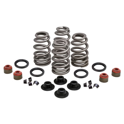 With steel top & lower collars. Reduces total valve train mass. Great for stock & moderate performance builds. The one-piece Beehive style springs are manufactured from the highest quality clean chrome silicone wire, shot peened and heat treated for maximum fatigue life. Kit includes steel upper collars, lower collars, valve keys and seals. Works with stock 7mm valve stems. Max valve lift: .660". Installed height: 1.860". Seat pressure 178 lbs. Open pressure: 371 lbs. @ .660" valve lift. 

Note: See 524994 for replacement valve seals.