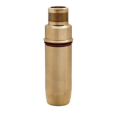 Manganese bronze. Comes with special shoulder for ease of installation. Takes OEM valve seals. Shortened to accept valve lifts up to .600". Softer and less durable then C630 bearing bronze but will allow a lower cost and reaming to size is quick and easy. Finish can be done with simple tools like a ball hone and an electric drill. Rapid heat transfer and excellent lubricity. 

Note: Special Manganese reamers & hones are available. 
Note: Standard non-oversize dimensions (for reference only) are 0.5620" O.D. (14.27mm); .3085" I.D. (7.84mm); 2.100" OAL (53.34mm).