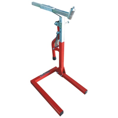 Red powder coated steel. This 'triple tree' stand is used to lift the front side of the motorcycle by using the hole underneath the fork stem. Includes a universal cone pin, which is compatible with most models. Also included is a special adapter plate to fit Ducati and MV Augusta. Width: 37.5cm. Height: 65cm to 80cm. Length: 50cm. Weight: 11.7kg. 
Note: Use front stands only when the bike is placed on a rear stand first. 
Note: Do not sit on motorcycles when using bike stands. 
Note: See 529170 for optional lifting pin for KTM.