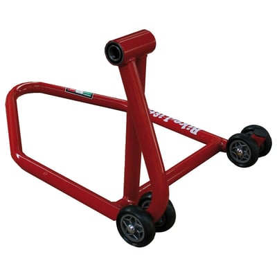 Red powder coated steel. Right side for single sided swingarms. Width: 55cm. Height: 42.5cm. Length: 70cm. Weight: 5.6kg
Note: Optional adapter pins 529182 (29.8mm), 529184 (30mm), 529183 (51mm) and 529179 (53mm)  are sold separately.