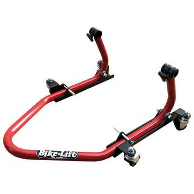 Steel. Width: 64cm. Height: 32.5cm. Length: 73cm. Weight: 8.2kg. This is in fact a rear paddock stand with 4 castor wheels (360 degree rotating wheels) enabling easy maneuvering the bike in very tight spaces as showroom floors or small sheds. Includes aluminum V-shaped adapters. 
Note: Do not sit on motorcycle when using this Easy Mover or other bike stands.