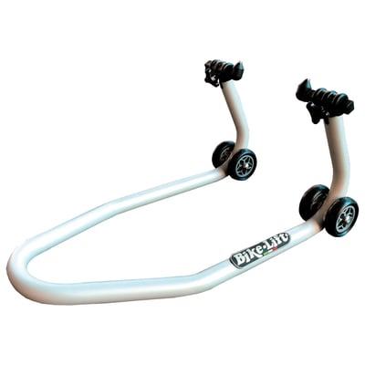 Gray powder coated aluminum. Width: 43cm. Height: 33cm. Length: 67cm. Weight: 1.9kg. Manufactured from aerospace 7075 Ergal aluminum alloy for the right combination of strength and weight.
Note: 529166 aluminum under fork adapter is sold separately. 
Note: Use front stands only when the bike is placed on a rear stand first.