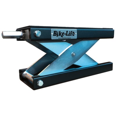 Black powder coated and zinc plated. Minimum height 8.5cm; Max. height 35cm; Max. lifting capacity 500kg; 15cm wide x 40cm long platform.  
Small but very capable and a quality mini-lift is an absolute necessity in any professional workshop. With the Bike-Lift name on it you can be assured of high end quality of this versatile center lift. 
Note 1: Use with a 24mm manual operated wrench only. Air or electric wrenches will damage the lifting threads permanently. 
Note 2: Be safe. When using the center lift always secure the bike with tie-downs.