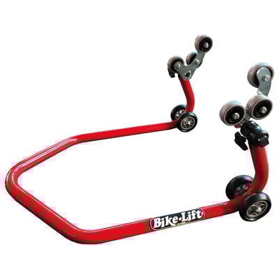 Red powder coated steel. Includes adapters. Used to lift quads on the rear axle. Width: 50cm. Height: 36cm. Length: 65cm. Weight: 4.2kg
Note: Do not sit on motorcycles when using bike stands.