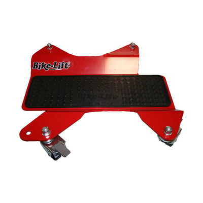 Red powder coated steel. Width: 46.8cm. Height: 5.9cm. Length: 51cm. Weight: 8.0kg. Max. load: 400kg. Comes with 4 nylon castor wheels (360 degree rotating wheels) enabling easy maneuvering the bike around in very tight spaces as showroom floors or small sheds. Two of these wheels come with a foot-operated brake system for easy on-off bike actions without platform movement. With the optional available Side Extension (MCS 529228) it is possible to maneuver the bike while its parked on the jiffy / side stand so balancing the bike is no longer required. 
Note: See 529228 for the optional jiffy stand side extension. 
Note: Do not sit on motorcycles when using the Parking Platform.