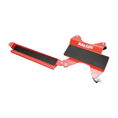 Red powder coated steel. Optional side extension for 529227 Parking Platform. Bolt-on. This side extension is equipped with 1 castor wheel (360 degree rotating wheel) on one side. The other side is bolted to the Parking Platform. With the rear wheel on the Parking Platform and the jiffy / side stand on this Jiffy Platform, balancing the bike during maneuvering is no longer required. 
Note: To be used with 529227 Parking Platform.