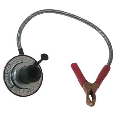Used for tightening head bolts, after which an additional torque angle is required. After tightening to recommended torque, attach flexible clamp to any fixed object. Loosen dial screw and set rotating pointer to zero. Re-tighten dial screw and tighten bolt with a 1/2" drive ratched to specification.
