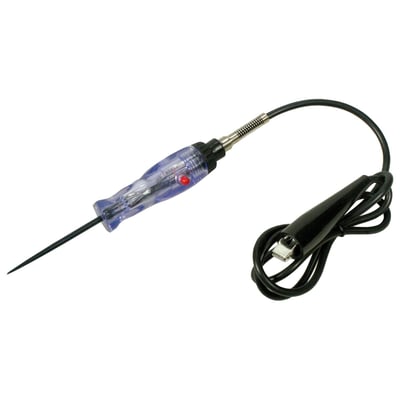 Up to 12V. Heavy-Duty version. 2-1 tester, apart from regular testing it can be used, by pressing the red button, as a power outlet / jumper for powering or grounding electrical components.  Fully insulated and comes with reinforced ground clamps. 
Note: Not intended for computer circuits. 
Note: See 530739 for replacement bulb.