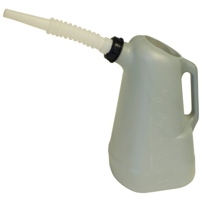 Translucent (see-through) oil dispenser. With detachable and flexible 8" (20cm) spout / funnel. Capacity 6 quarts (5.6 liter); Marked with quarts & liters, enabling an easy re-fill of the right amount of oil. 
Note: Replacement spouts available as 530717 (white) and 530718 (red)