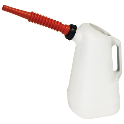 Translucent (see-through) oil dispenser; With detachable and flexible 8" (20cm) spout / funnel; Capacity 6 quarts (5.6 liter); Marked with quarts & liters,  enabling an easy re-fill of the right amount of oil. 
Note: Replacement spouts available as 530717 (white) and 530718 (red)