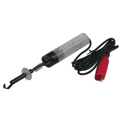 Up to 12V. Protects fingers and automatically centers wire. The little hook to grab a specific wire, and the pointed tip will actually pierce the wire to check for power. Great for confined spaces. With alligator ground clip. 
Note: See 530739 for replacement bulb.