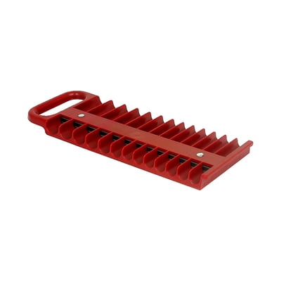 Red. Strong ABS plastic. Clamps to workbench, tool tray or anything that is made of metal and at the same time holds sockets firmly in place. With 2 rows of socket compartments, for both standard and extra long sockets. Socket holders will take both USA sizes and Metric sizes. With 2 x 13 socket compartments, for use with up to 3/8" / 15mm sockets with 1/4" drive.
Note: Does not include sockets.