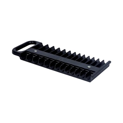Black. Strong ABS plastic. Clamps to workbench, tool tray or anything that is made of metal and at the same time holds sockets firmly in place. With 2 rows of socket compartments, for both standard and extra long sockets. Socket holders will take both USA sizes and Metric sizes. With 2 x 13 socket compartments, for use with up to 3/8" / 15mm sockets with 1/4" drive.
Note: Does not include sockets.