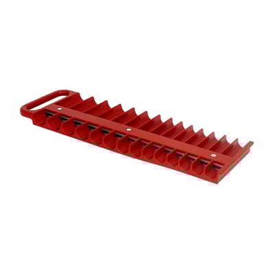Red. Strong ABS plastic. Clamps to workbench, tool tray or anything that is made of metal and at the same time holds sockets firmly in place. With 2 rows of socket compartments, for both standard and extra long sockets. Socket holders will take both USA sizes and Metric sizes. With 2 x 14 socket compartments for use with up to 1" / 24mm sockets with 3/8" drive.
Note: Does not include sockets.