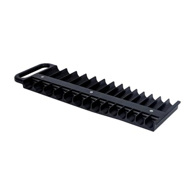 Black. Strong ABS plastic. Clamps to workbench, tool tray or anything that is made of metal and at the same time holds sockets firmly in place. With 2 rows of socket compartments, for both standard and extra long sockets. Socket holders will take both USA sizes and Metric sizes. With 2 x 14 socket compartments for use with up to 1" / 24mm sockets with 3/8" drive.
Note: Does not include sockets.