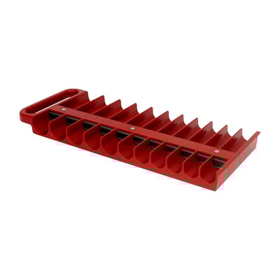 Red. Strong ABS plastic. Clamps to workbench, tool tray or anything that is made of metal and at the same time holds sockets firmly in place. With 2 rows of socket compartments, for both standard and extra long sockets. Socket holders will take both USA sizes and Metric sizes. With 2 x 11 socket compartments, up to 1" / 24mm with 1/2" drive.
Note: Does not include sockets.
