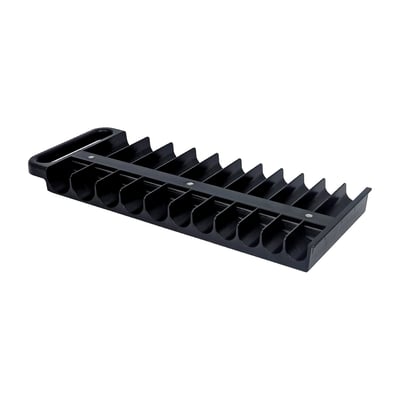 Black. Strong ABS plastic. Clamps to workbench, tool tray or anything that is made of metal and at the same time holds sockets firmly in place. With 2 rows of socket compartments, for both standard and extra long sockets. Socket holders will take both USA sizes and Metric sizes. With 2 x 11 socket compartments, up to 1" / 24mm with 1/2" drive.
Note: Does not include sockets.