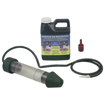Used to detect cracked blocks, warped heads and bad head gaskets with water cooled engines. Connect detector to any vacuum line and place tapered section of tool into radiator opening. With engine running radiator vapors will pull through detector fluid and change color, from blue to yellow, when exhaust gasses are present.
Note: Additional dectection fluid available as 530854