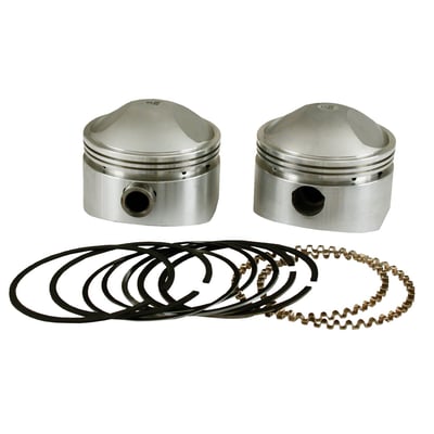 Forged piston set. For 41-78 1200cc (74") Knuckle, Panhead, Shovel and 1340cc Shovel. Fits engines with stroker flywheels and stock 3-7/16" (1200cc) or 3-1/2" (1340cc) cylinders with stock 5.330" length. Compression will be approx 8.4:1 with 4-1/2" stroke, 9.4:1 with 4-5/8 stroke and 10.8 with 4-3/4" stroke. Piston dome volume 50cc. The advanced alloy and piston skirt profile for low noise and long engine life. Pistons include wrist pins, wrist pin clips and piston rings.
Note: +.060" 3-7/16" bore of the 1200 engine is identical to the standard 3-1/2" bore of the 1340cc engine.
Note: In any and all applications the technician must be able to judge components for their suitability in combination with the other engine components, prior to installation. It is of importance that a knowledgeable mechanic will install & make adjustments as required. The rider must follow standard break-in and riding procedures for overhauled engines.