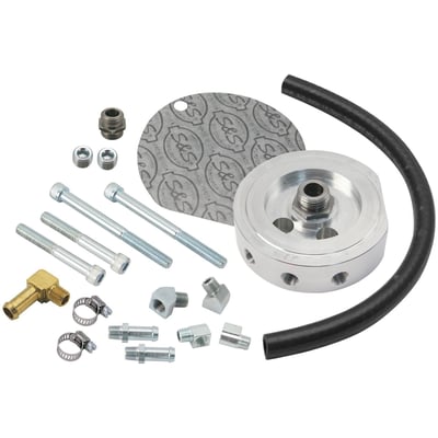 With 5/16" bolts.
Fits all generator engines and 86-90 XL Sportster motors.
Engine mounted filter.
Connect a oil cooler with minimum of hose.
Accepts stock oil pressure switch.