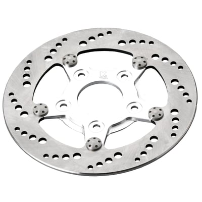 Front left drilled brake rotor with polished, 7075 billet aluminum center carrier. The outer band is made of high quality stainless steel. Mounting hole diameter 5/16". Center hole 50mm inside diameter.

Note: this brake rotor is designed for custom applications. It will not provide the brake efficiency of a stock 11 1/2" diameter brake rotor. All K-Tech 8 1/2" rotors are designed to work with K-Tech 2 and 4-piston calipers or PM 2-p calipers only.