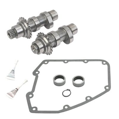 .575" lift. Complete kit with two chain driven camshafts with installation kit that includes a gear cover gasket, cam bearings, retaining ring, o-ring and thread locker.