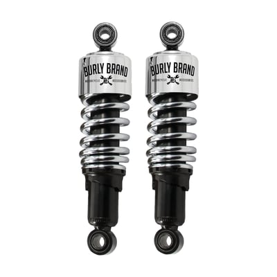 If you want to drop her low, these are the shocks that'll get you there. Obviously the shortest possible shocks will not give the best suspension but they will allow you to limbo! Complete with approval. 

Note: Can be used as replacement shocks for the Burly Slammer Lowering Kits. 
Note: Check for sufficient suspension travel clearance between fender to tire.
Note: Check your local MCS dealer or the MCS sales department for exact type of approval and validity on bike model and years on the test report.