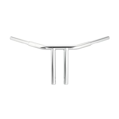Chrome; Steel; Built-in straight risers with smooth polished welds and fluid bends. 25° wrist angle. 3-1/2" center to center spacing to fit standard style triple trees. Standard 1/2-13 threaded and drilled for internal wiring. Approx. dimensions: 10" rise; 8.5" center width; 30.5" wide; 5.5" pullback. Mounts to stock Springer risers. With 4.5" center to center riser knurling distance which fits all 88-11 Springers models.