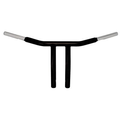 Satin black powder coated; Steel; Approx. dimensions: 10" rise; 6.5" end rise; 30.5" wide; 8" pullback, 25° wrist angle
