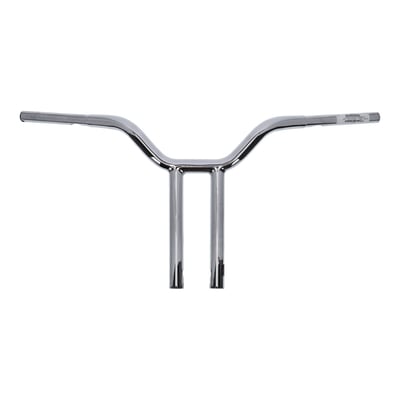 Chrome; Steel; Combination fusion of a Streetfighter and T-Bar with fluid bends for the best of both worlds. Drilled for internal wiring. Approx. dimensions:  14" rise (10" risers & 4" bar rise); 31.5" wide; 8" Pullback