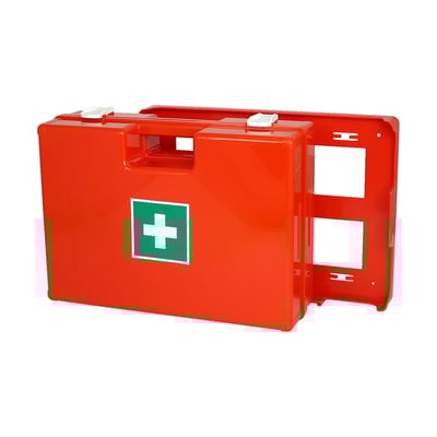 First Aid Kit, confirm DIN 13 157 with addition for technical workshops. Orange with Green Cross first aid symbol. Case is made of shock resistant and break-proof plastic. Dimensions approx. 32 x 42 x 15cm.