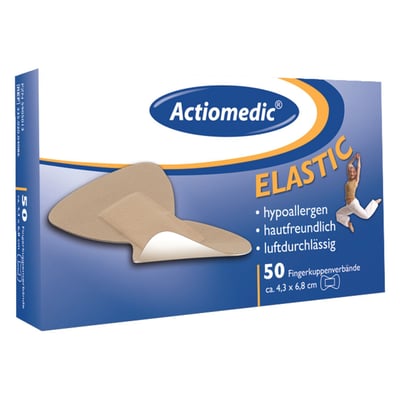 Finger tip plaster. Elastic woven textile. 43mm x 68mm. Skin colored. Hypoallergenic and air regulating for universal use. Will not cause allergic reaction like latex plasters. Sold in pack, separately sealed.