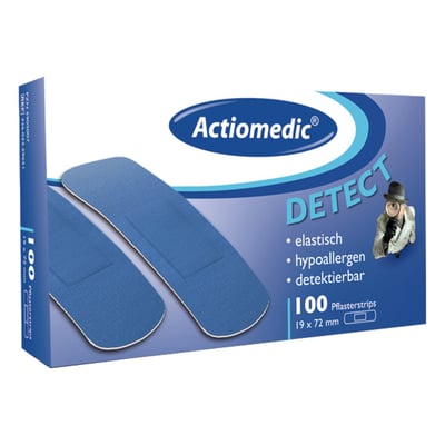 Plaster. Detect elastic woven textile. 19mm x 72mm. Blue colored. Detectable with metal detector, for use in the food industry, due to the built-in metal strips. Hypoallergenic and air regulating for universal use. Will not cause allergic reaction like latex plasters. Sold in 100-pack, separately sealed.