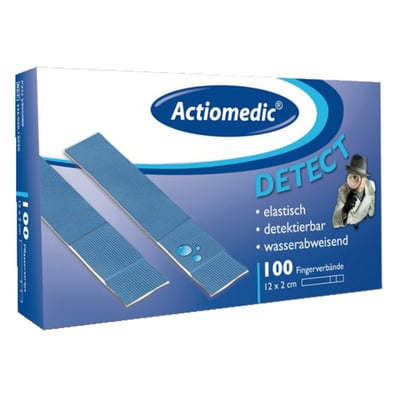 Finger plaster. Detect waterproof PE-foil. 12cm x 2cm. Blue colored. Detectable with metal detector, for use in the food industry, due to the built-in metal strips. Hypoallergenic and air regulating for universal use. Will not cause allergic reaction like latex plasters. Sold in pack, separately sealed.