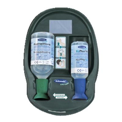 Complete eye wash station kits for wall mounting. Comes with 1x 536538 500 ml sodium chloride solution 0.9% and 1 x 250ml BioPhos®74eye wash products, mounting bracket and hardware. Ready to use, space saving and steril. Great for the professional workshop. 
Note: After using 536539 BioPhos®74, final rinse with water or 536538 Sodium chloride solution 0.9%.