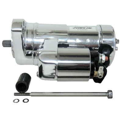 More power than a regular 2Kw starter, with just half the current draw. Comes with High-Energy Neodymium magnets, efficient windings and a 6:1 planetary gear reduction allowing an easier turn-over of high compression motors. Comes with a splined output shaft, stepped jackshaft bolt, and shortened case design. 

Note: This starter motor is suitable for fuel injected models. It offers the higher cranking that allows easier starting for fuel injected models. 
Note: Standard starters are 1.4kW. This 2.0kW starter may require a stronger battery to actually generate the power they are rated for.