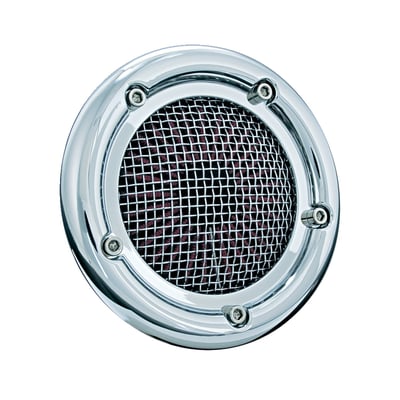 Chrome plated with a polished stainless steel screen. 
Velocity stacks are cool but wreak havoc in your engine during regular street use. The authentic looks of a velocity stack with excellent engine protection of a genuine K&N filter element sums up the Velociraptor. A filtered velocity stack, ready for the real world!