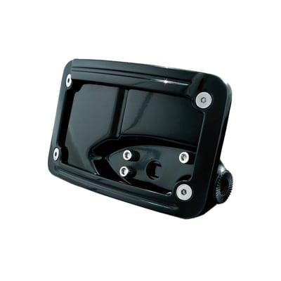 Side mount, gloss black. Fits 4" x 7" license plates only. 
Note: Will take US sized license plates only.
Note: Mounting clamps are sold separately