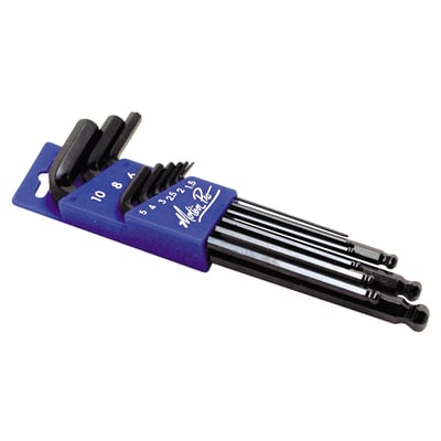 Chrome Vanadium steel. Includes 1.5, 2, 2.5, 3, 4, 5, 6, 8 and 10mm hex keys.