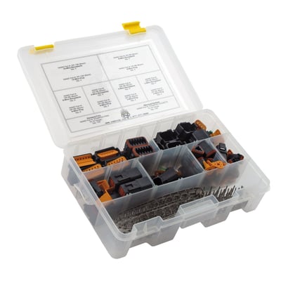 With black connector housings. Have it all in one box. Includes an assortment of 4 of each 2, 3, 4, 8 and 12-pin connectors, 6 of each 6-pin connectors. Also included are the required terminal pins, 100 plug pins and 100 receptacle pins of the stamped pin type. 

Note: See 548170 for the recommended crimp tool. 
Note: Deutsch DT series connectors and terminal pins are available for refill orders.