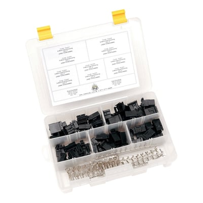 AMP Mate-n-Lock watertight and interlocking connectors. Used on motorcycles by OEM manufacturers since the mid 80's and still to be found on many bikes today. All connectors are whte and include watertight seals. The required pins must be purchased separately. A good starting point for the professional or enthousiastic builder. This kit offers no-search access and easy re-ordering. Kit contains 2 & 12-pin connectors (6 of each), 9 & 6-pin connectors (8 of each) and 3 & 4-pin connectors (4 of each). Also included are 100 male (100) and female (100) crimp terminals / pins.