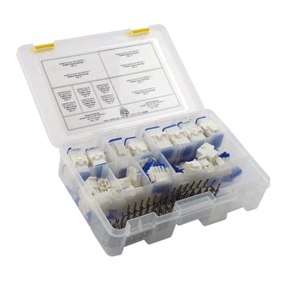 Black connector housings. Includes 8 of each 2, 3, 4, 6 & 8-pin plug & receptacle connector housings. Also included are the required stamped crimp terminal pins, 100 female plug pins and 100 male receptacle pins. This are the OEM H-D style 2nd. series terminals that were in use mostly between 1996 and 2000.