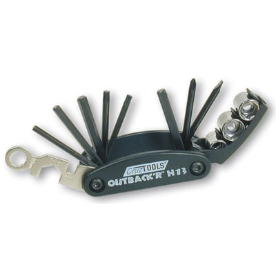 Metric sizes. Incl. 4 hex keys (3, 4, 5, and 6mm), 2 screwdrivers, a socket driver with 8, 10, and 12mm sockets, 13 and 14mm open-end wrenches and 3 spoke wrenches. Except for the sockets all pieces are permanently attached. 3.5" (8.9cm) long, weight 10 ounce (283 gram)