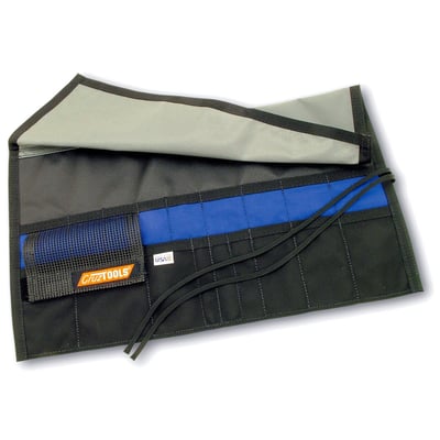 Overall dimensions approx. 9.5" high and 16" wide. A very rugged roll-up pouch made from ballistic nylon. With 18 pockets of varying width at two heights to acommodate a wide range of tools.