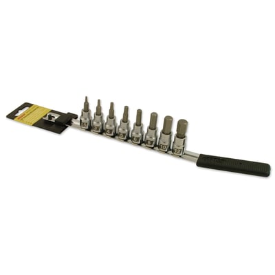 Metric sizes. 8-piece. Fits wrenches with 3/8" drive. Incl. 2.5, 3, 4, 5, 6, 8, 10 and 12mm.