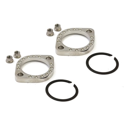84-03/17-22 style.  Polished. Cut from 360 stainless steel billet bar. Includes retaining rings and polished stainless 12-point nuts mounting hardware. 
Note: 84-03/17-22 'Early Style' steel and 04-17 'Late Style' plain aluminum exhaust flanges are interchangeable. Late Style flanges are thicker and designed to help prevent bending of the exhaust flange. All will fit all 84-up Big Twin and 86-up XL Sportster models. M8 models are equipped with the 'early style' steel flanges again.